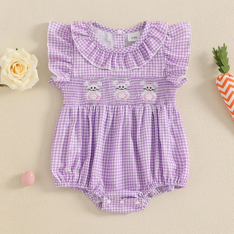 Girl's Embroidered Easter Bunny Plaid Ruffled Rompers