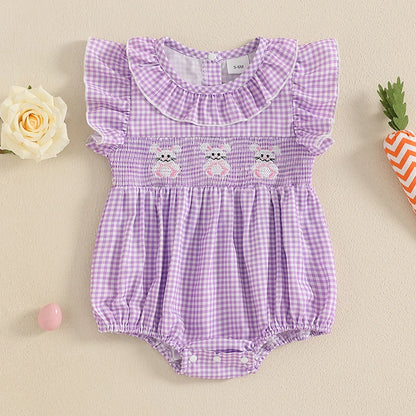 Girl's Embroidered Easter Bunny Plaid Ruffled Rompers