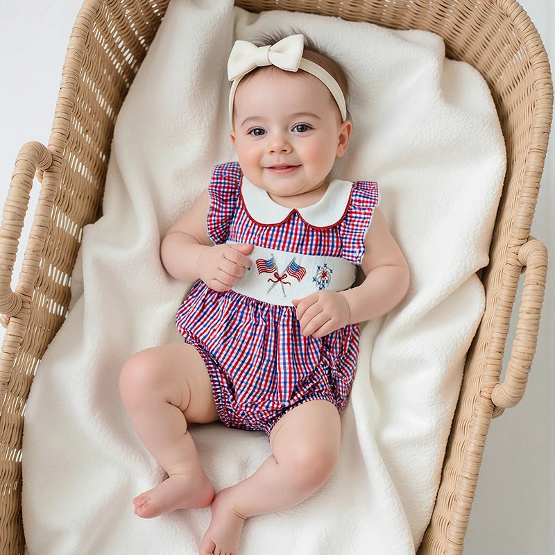 Girl's Embroidered 4th of July Plaid Doll Collar Rompers