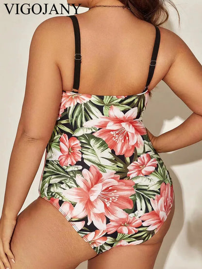 Sexy Patchwork Strapped Plus SwimwearPush Up One Piece Swimsuit Backless Beach Bathing Suit