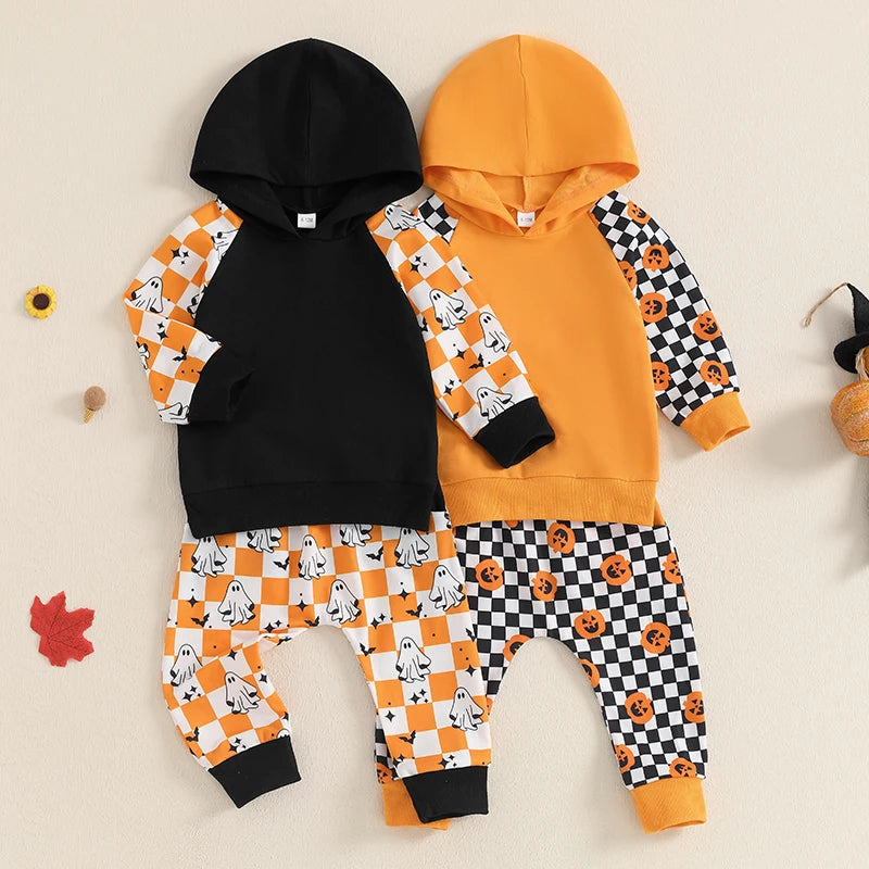 2-Piece Halloween Outfits! Boy’s Long Sleeve Ghost Pumpkin Hooded Sweatshirts & Pants Sets