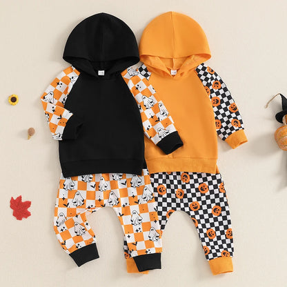 2-Piece Halloween Outfits! Boy’s Long Sleeve Ghost Pumpkin Hooded Sweatshirts & Pants Sets