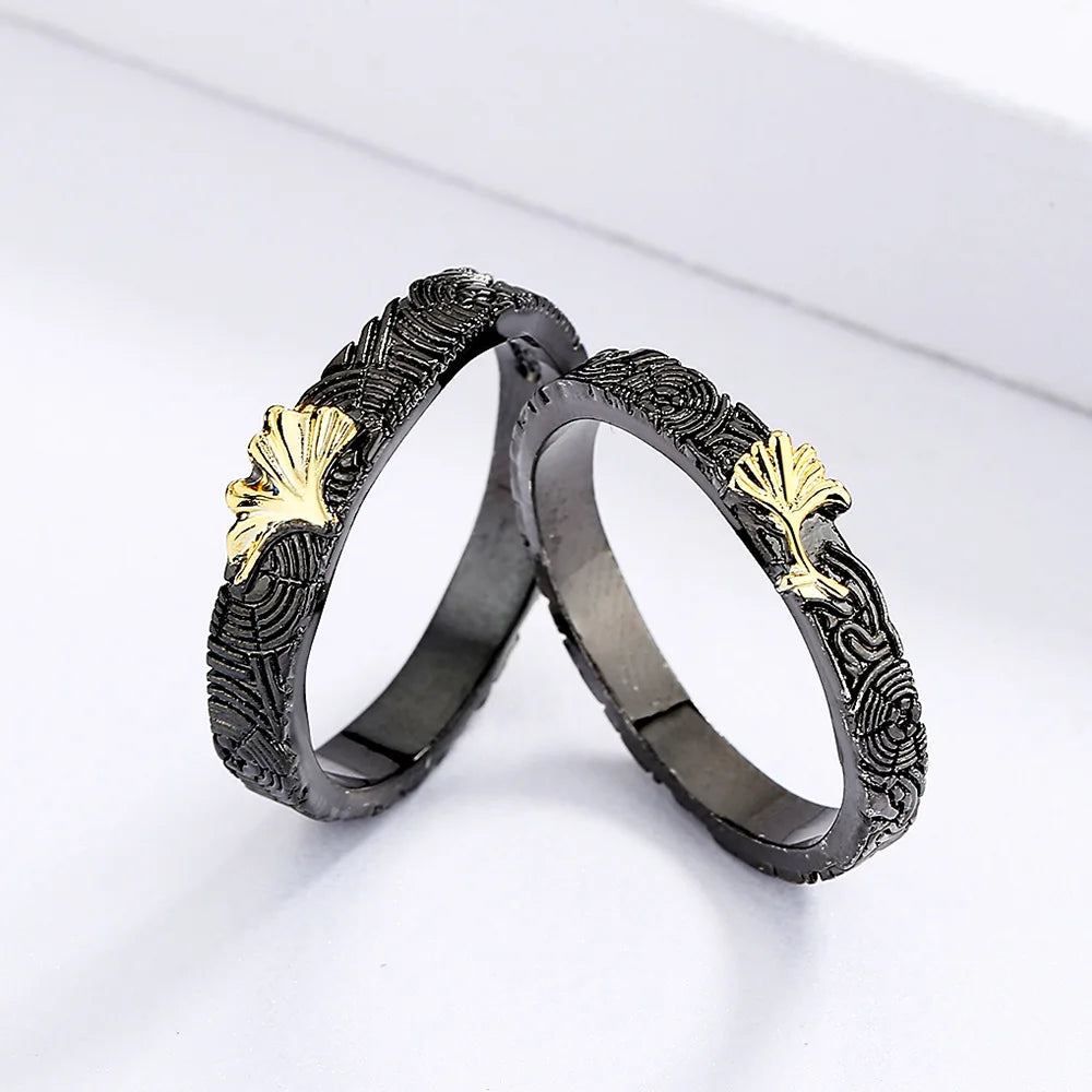 2-Piece Vintage Black & Gold Style Leaf Rings