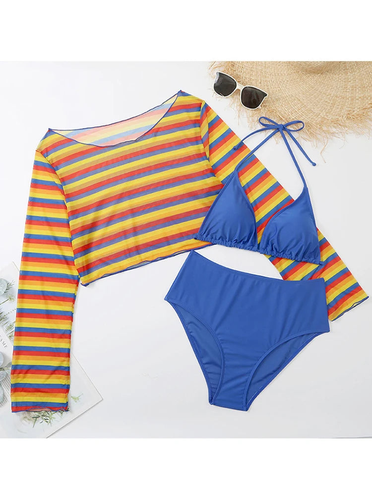 3-Piece! Plus Bikini Swimsuit with Mesh Long Sleeve Crop Top