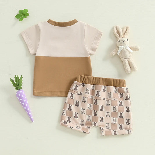 Boy's Easter Contrast Color T-Shirt & Bunny Plaid Shorts Set