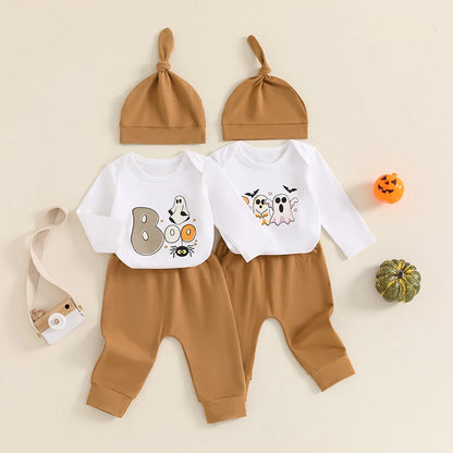 3-Piece Halloween Outfits! Boy’s Long Sleeve Ghost Rompers, Pants & Hat Sets