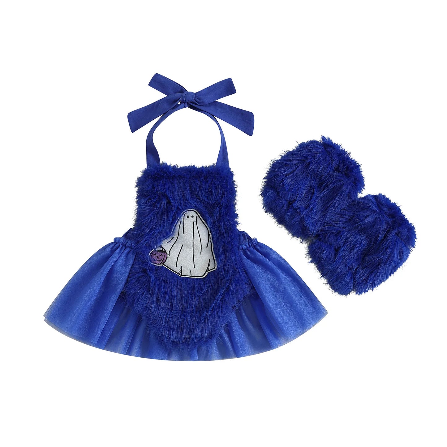 2-Piece Baby Girl's Furry Ghost Embroidered Halloween Halter Dresses with Leg Warmers