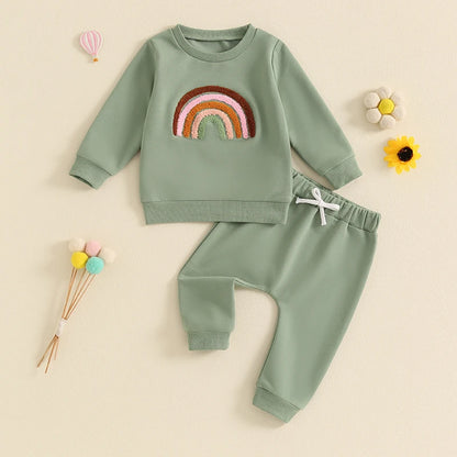 2-Piece Outfits! Girl's Embroidered Rainbow Sweatshirt & Pants Sets