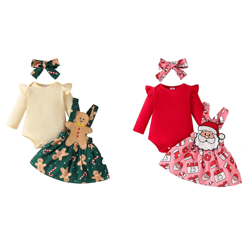 Girl's 3-Piece Christmas Romper, Bib Overall Dress & Bow Headband Sets