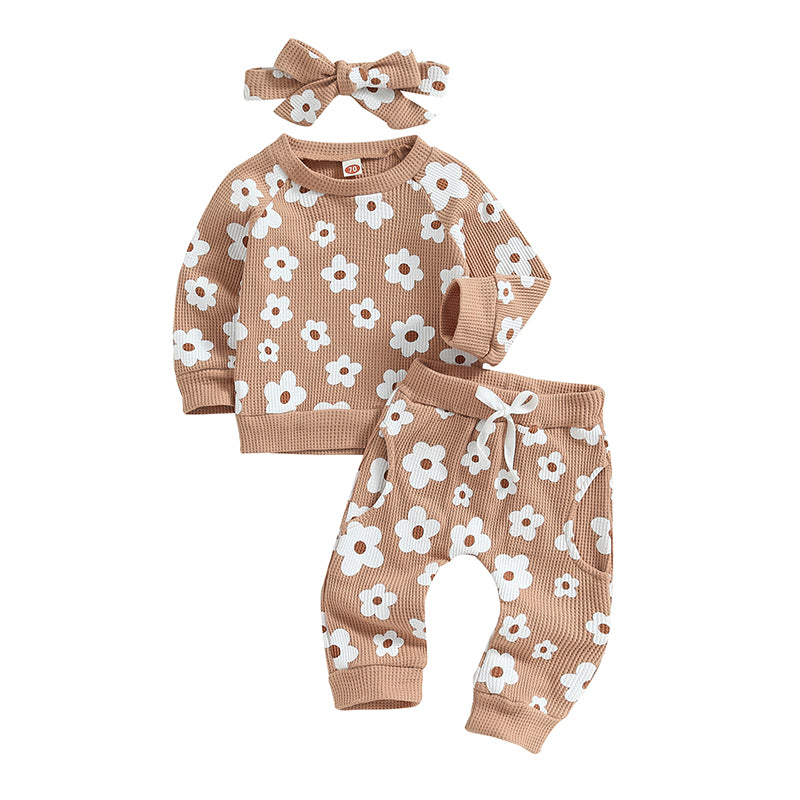 2-Piece Fall Outfits! Girl’s Long Sleeve Flower Sweatshirt, Pants& Bow Headband Sets