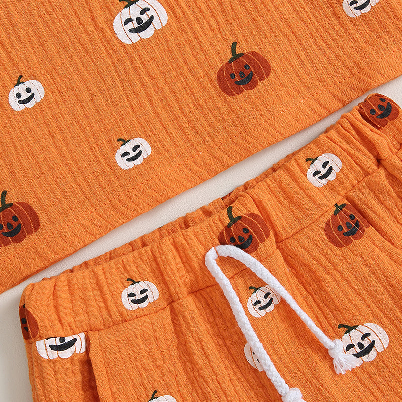 2-Piece Halloween Outfits! Boy’s & Girl’s Short Sleeve Pumpkin T-shirt Rompers & Shorts Sets