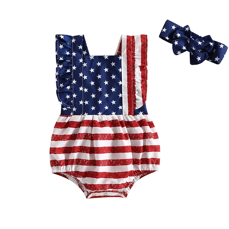 Girl's 2-Piece 4th of July Rompers & Bow Head Band Sets