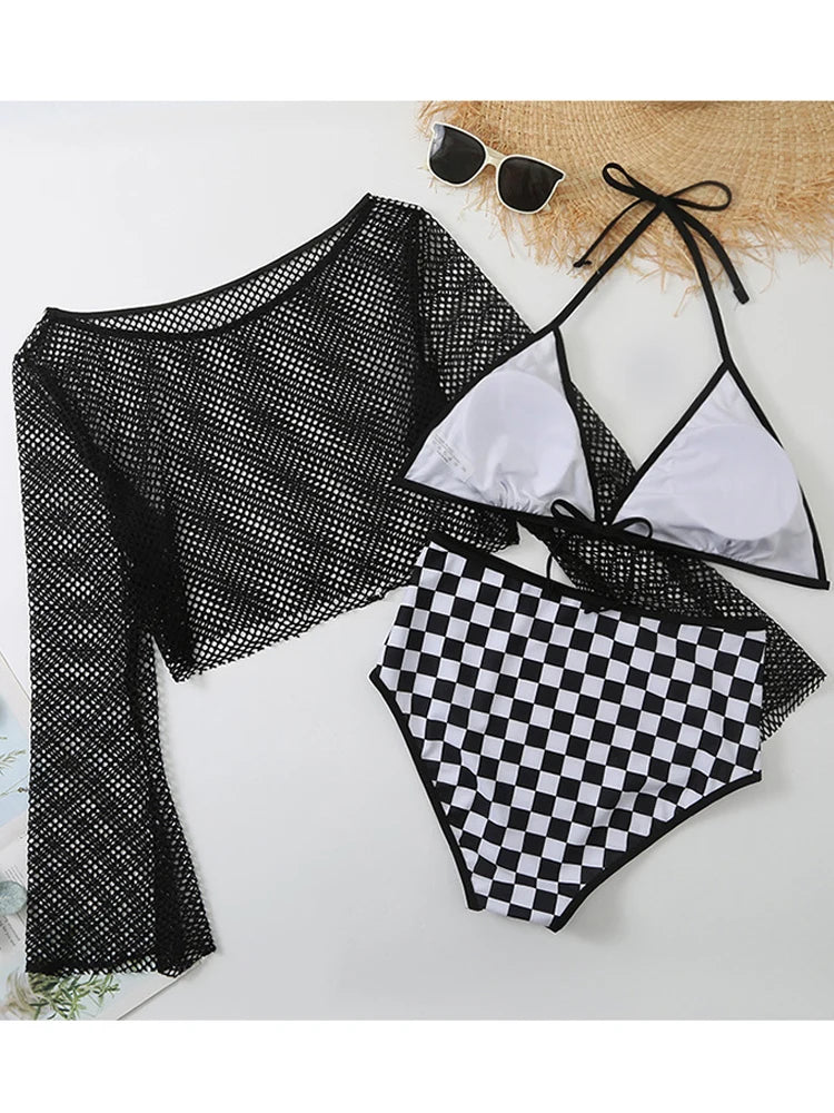 3 Piece! Bikini Swimsuit with Mesh Long Sleeve Smock Top