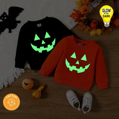 Halloween Baby Boy/Girl Cotton Long-sleeve Glow In The Dark Pumpkin Face Print Sweatshirt