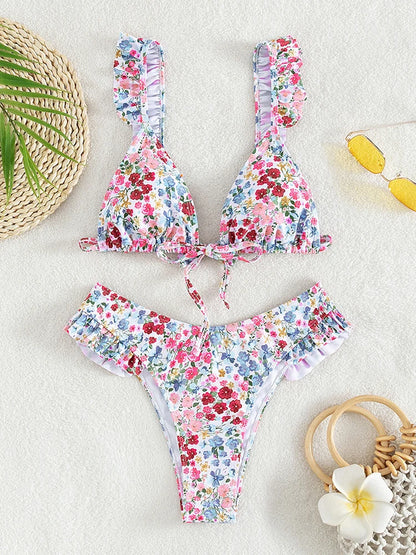 Print Verge Strapped Bikini Set Tied Push UP Swimsuit High Waist SwimwearBackless Beach Bathing Suit