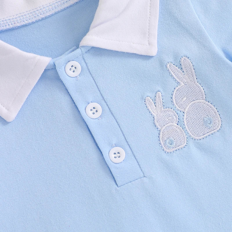 Boy's Easter Bunny Embroidered Jumpsuits with Turn-Down Collar