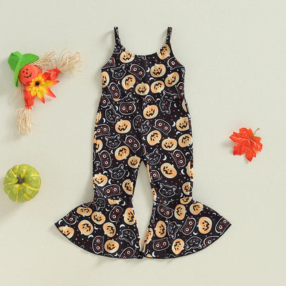 Halloween Rompers! Girl's Sleeveless Bib Romper, Pumpkin, Cats, Cauldron Print