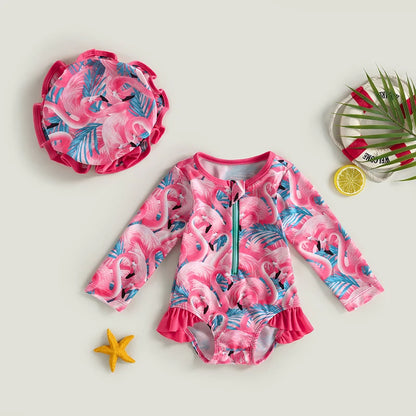 Toddler Girl Swimsuit Long Sleeve Print Bathing Suit + Sun Hat Bodysuit Clothes