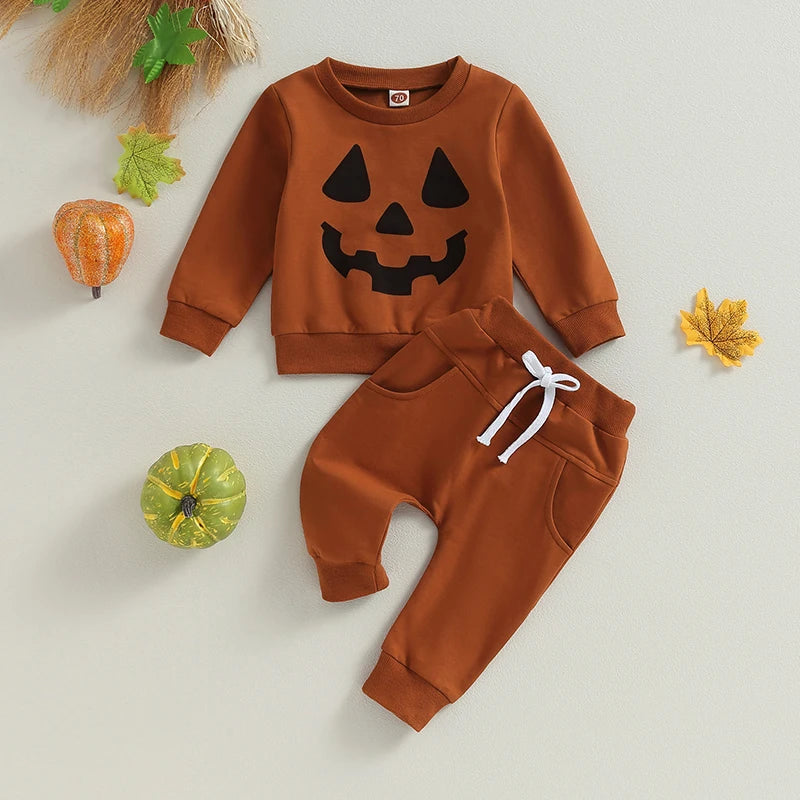 2-Piece Halloween Outfits! Boy’s Long Sleeve Pumpkin Sweatshirt & Pants Sets