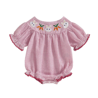 Girl's Embroidered Easter Bunny Striped Rompers