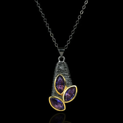 Necklace Purple Zircon Pendant Amethyst Black & Gold Style