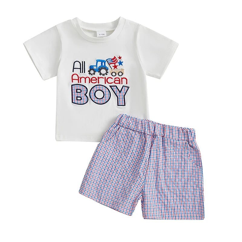 Boy's 2-Piece Embroidered 4th of July T-Shirts & Plaid Shorts Sets