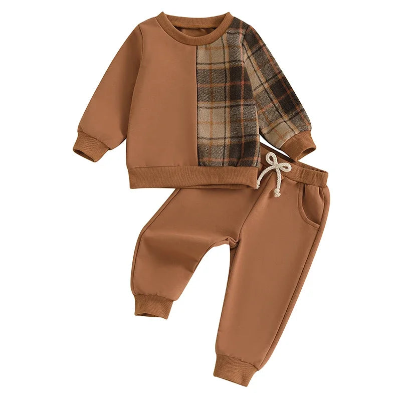 2-piece Fall Sets! Boy's Country Flannel Panel Sweatshirts & Sweatpants