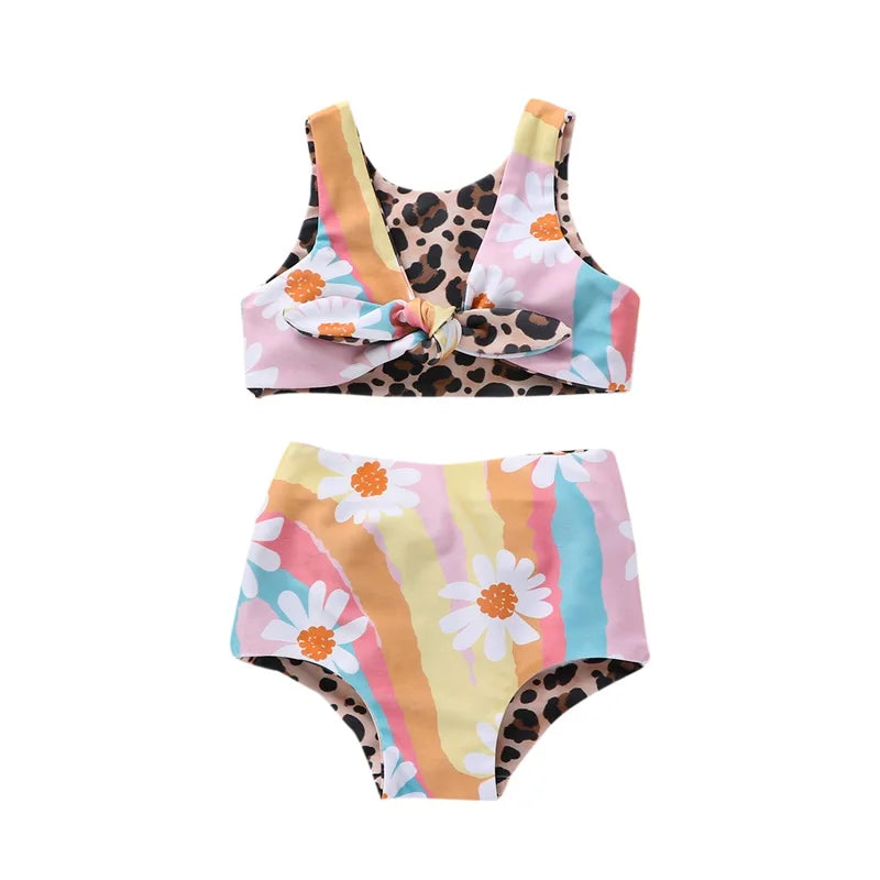 Kids Girl Swimsuits Rainbow Leopard Print Sleeveless Tops & Beach Shorts Set Swimwear Clothes