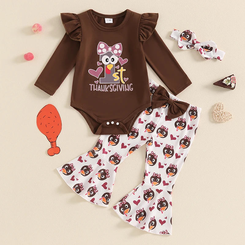 3-Piece Thanksgiving Outfits! Girl’s Long Sleeve Turkey Rompers, Pants& Bow Headband Sets