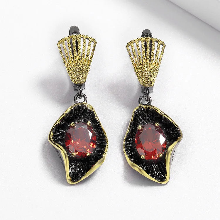 3-piece Red Zircon Gothic Black & Gold Style Rings, Necklace & Earrings Sets