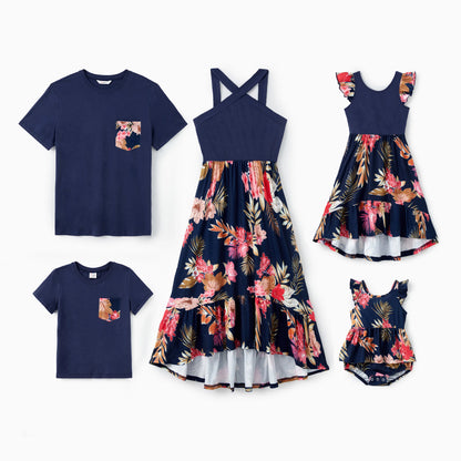 Family Matching! Deep Blue Tee or Cross Strap Pink Floral High-Low Ruffle Hem Dress