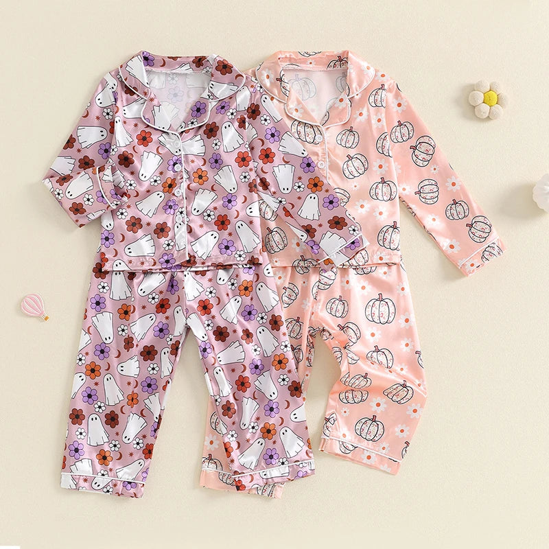 Halloween Pajamas! Girl’s Ghost, Pumpkin, Flower Tops & Pants Sets