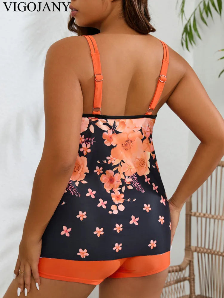 Print Strapped 2 Piece Plus Tankini SetPush UP High Waist Swimsuit Beach Summer Bathing Suit