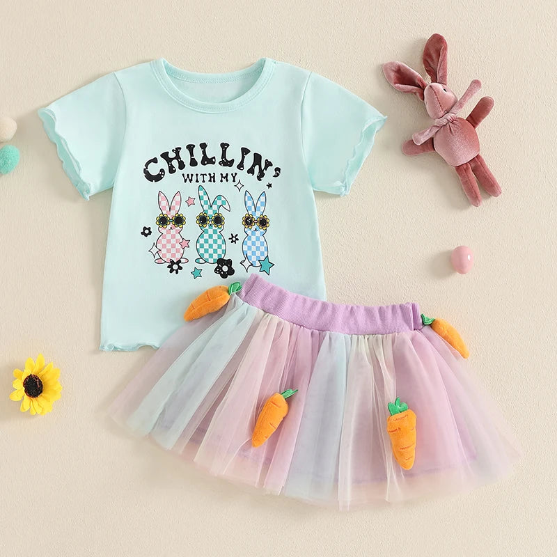 Girl's Easter Bunny T-shirt & Plush Carrot Tulle Skirt Set