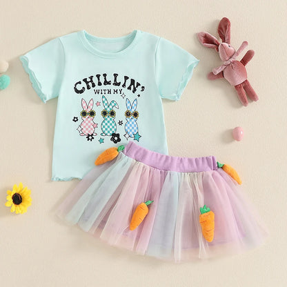 Girl's Easter Bunny T-shirt & Plush Carrot Tulle Skirt Set