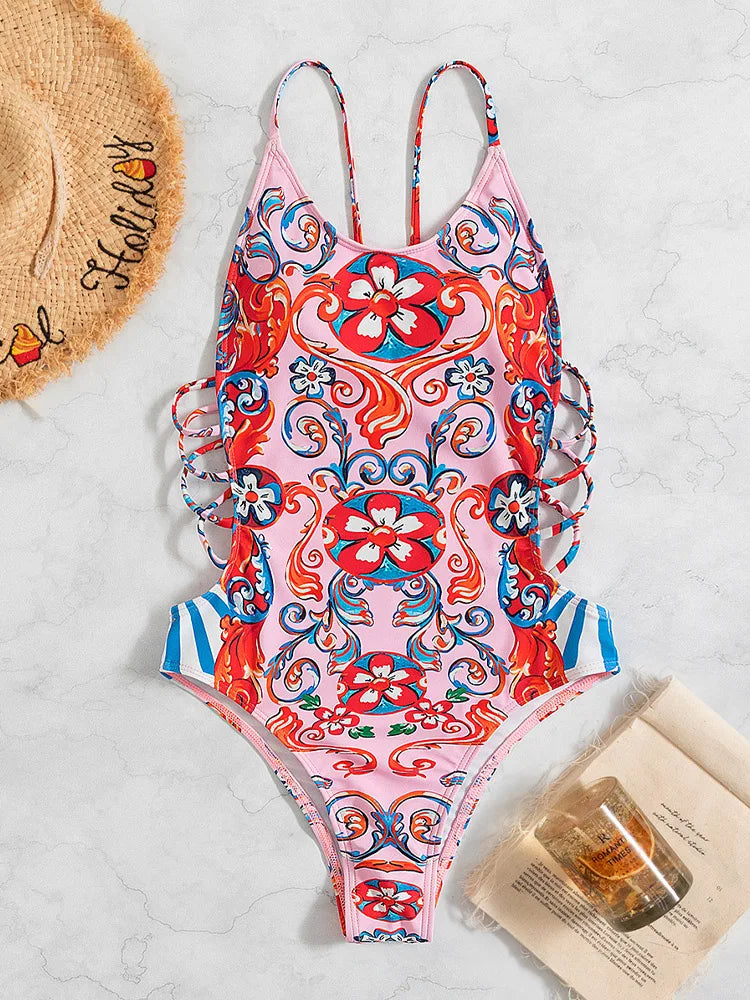 Floral Hollow Out High Cut Backless One Piece Swimwear