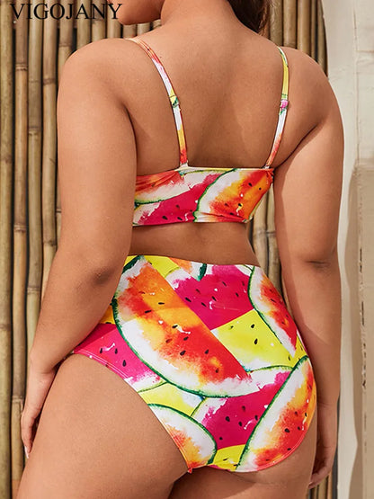 Print Strapped 2 Piece Plus Bikini SetHigh Waist Push Up Swimsuit Summer Bathing Suit