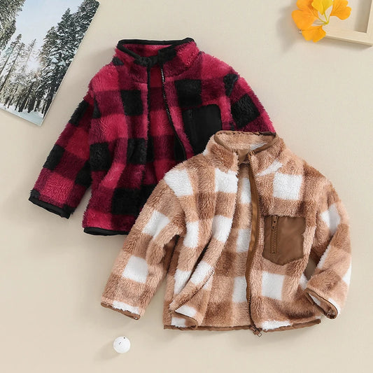 Boy's & Girl's Fuzzy Fleece Plaid Zip Jackets