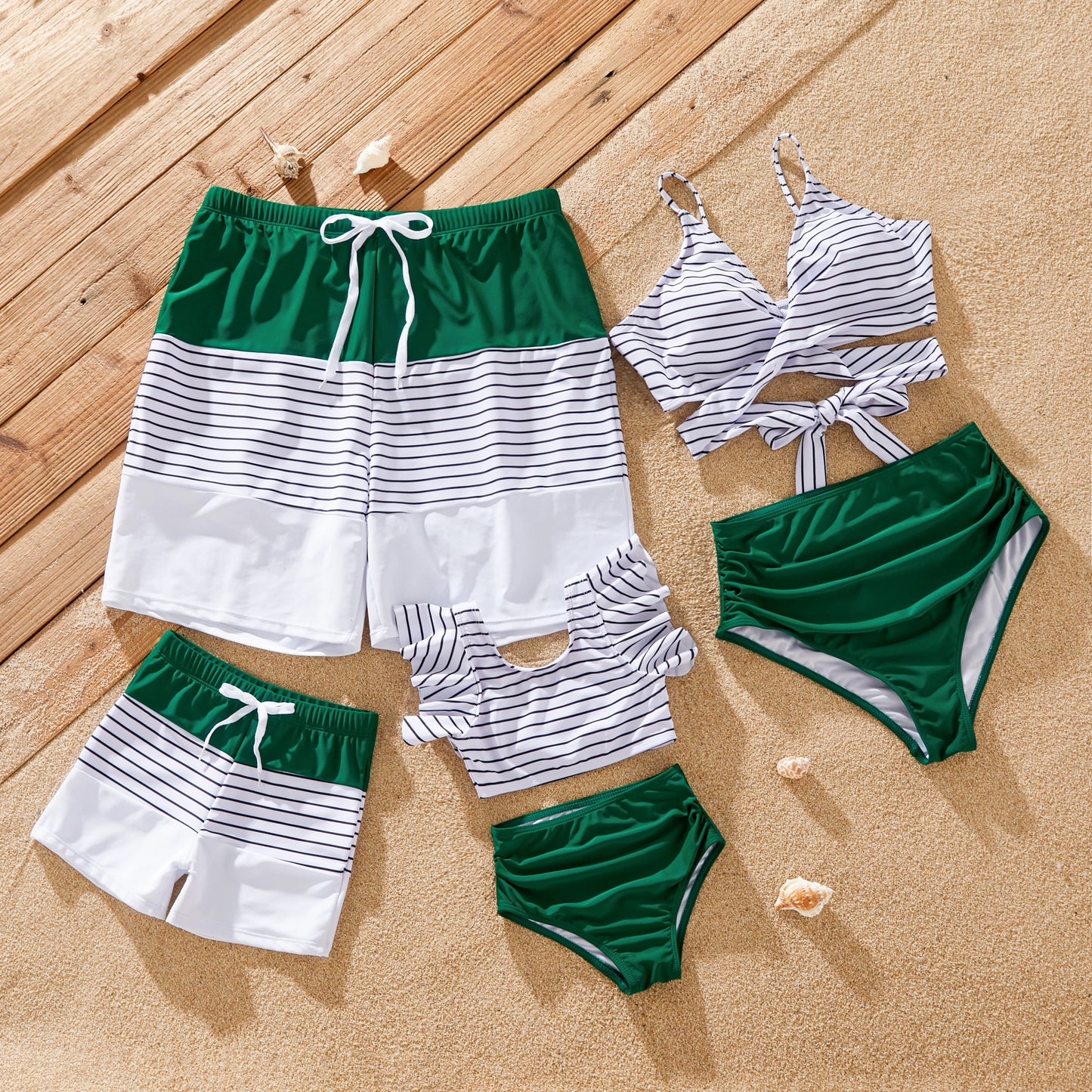 Family Matching! Color Block Drawstring Swim Trunks or Stripe Cross Front Two Piece Bikini Swimsuit