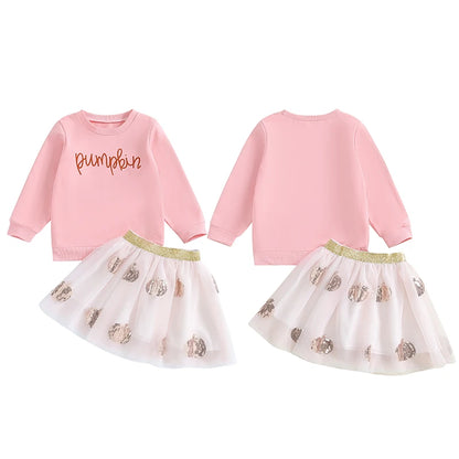 2-Piece Halloween Outfits! Girl’s Long Sleeve Embroidered Pumpkin Sweatshirts & Skirts Sets