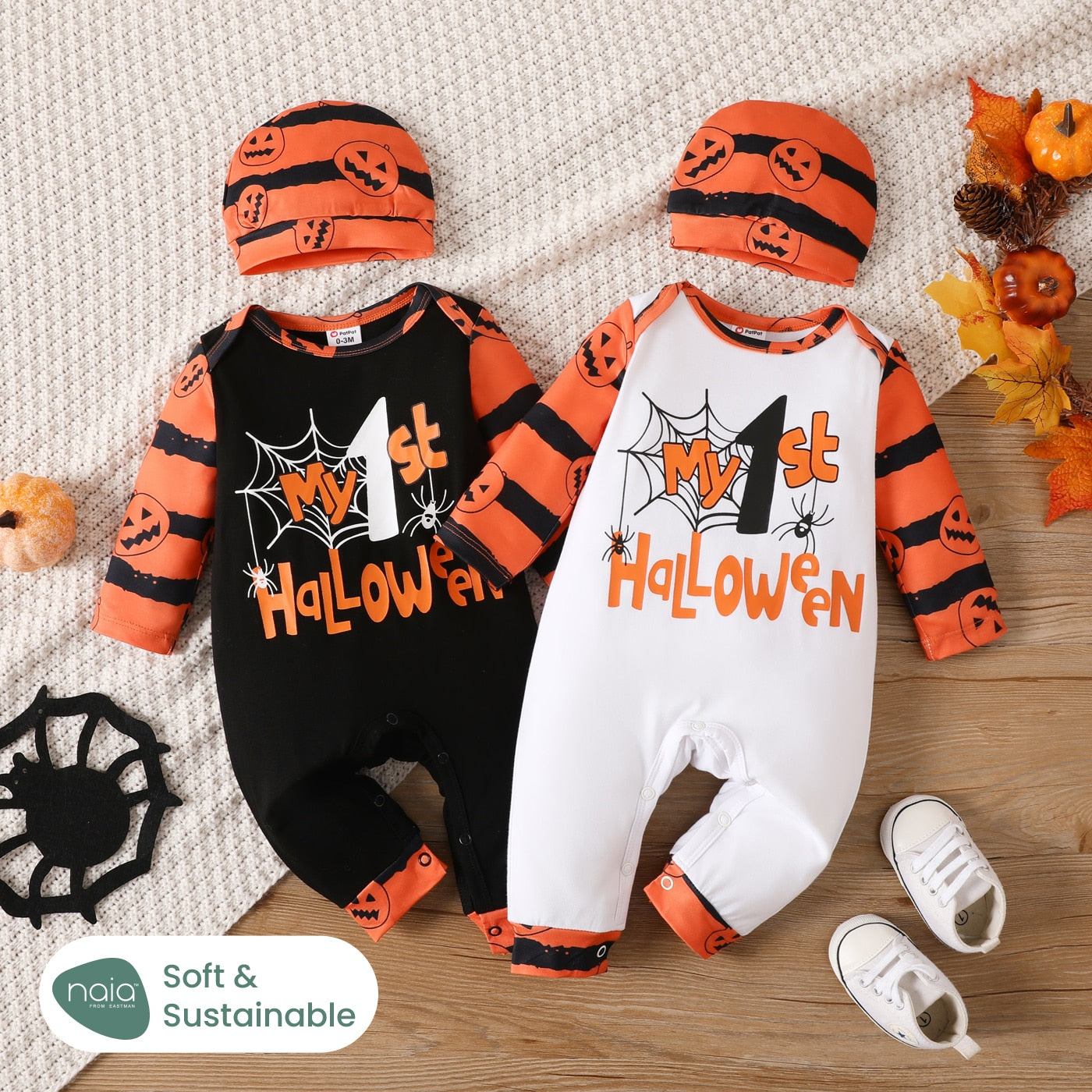 Halloween Baby Naia Letter Pumpkin Pattern Long Sleeve Jumpsuit Set