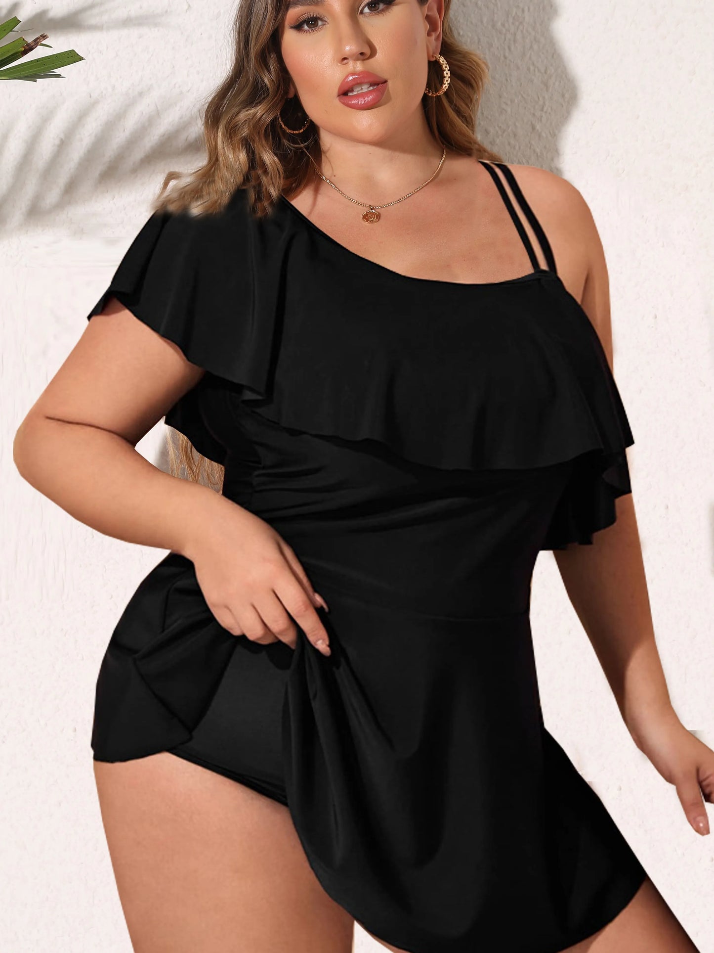 Black Tankini SwimwearPlus Two Pieces Swimsuit Ladies One Shoulder Ruffle Tankini Bathing Suit