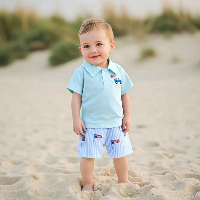 Boy's Embroidered 4th of July Golf Cart or Dog Flag Polo T-Shirts