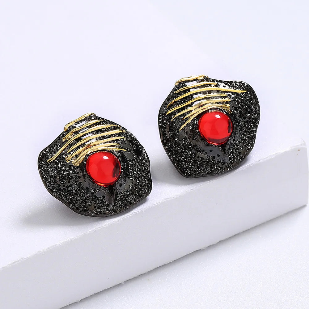 Earring Black & Gold Style Earrings Red Gemstone Earrings