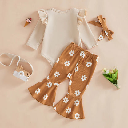 3-Piece Fall Outfits! Girl’s Long Sleeve Embroidered Flower Sweatshirt Rompers, Pants & Headband Sets