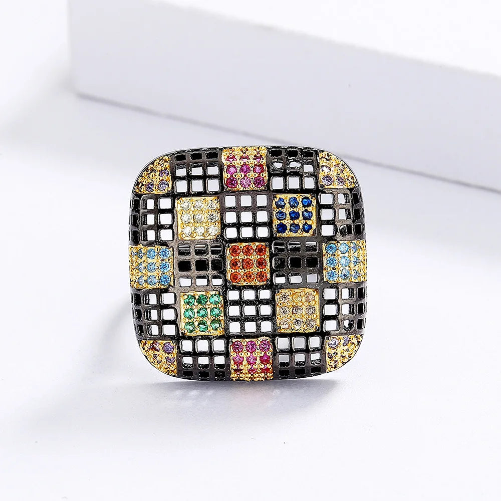 Black & Gold Style Geometric Square Rings with Zircon Rings