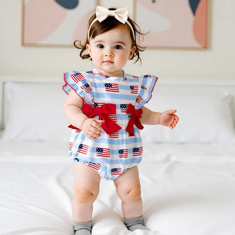 Girl's American Flag 4th of July Doll Collar Bowed Rompers