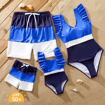 Family Matching! UPF50+ Family Matching Swimsuit Color Block Drawstring Swim Trunks or Ruffle Trim One-Piece Swimsuit (Sun-Protective)