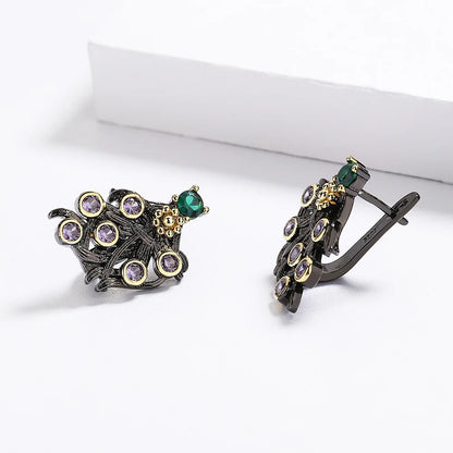 Purple Zircon Flower Earrings Classic Black & Gold Style Earrings