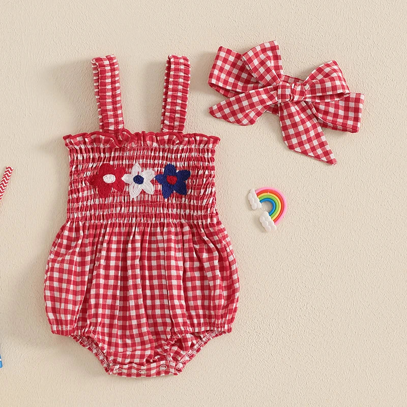Girl's 2-Piece Embroidered July 4th Rompers & Bow Head Band Sets